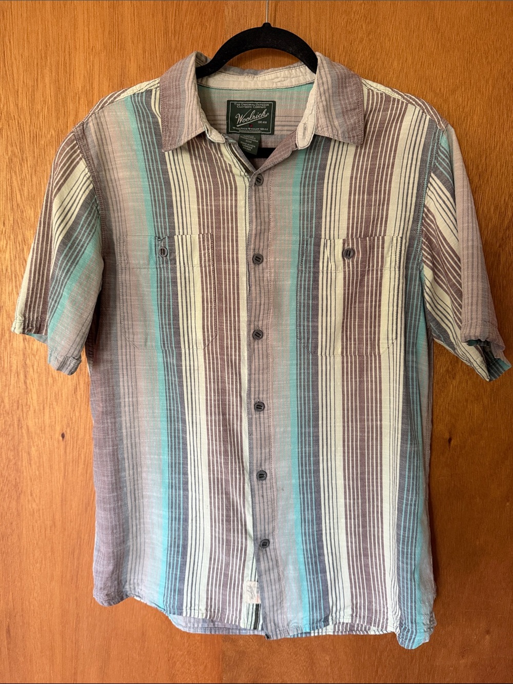 Woolrich Short-Sleeve Striped Button-Down in Teal, Brown & Cream
